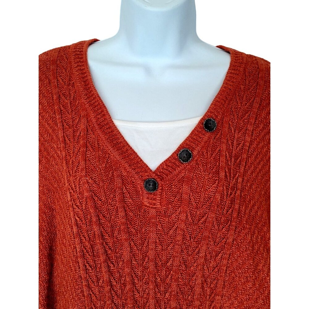 Cj Banks Sweater Womens 2X Rust Cable Knit Button Detail V-Neck 3/4 Sleeve Ramie